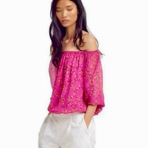 Diane Von Furstenberg Kamber Silk Floral Bright Pink Boho Top - size Small